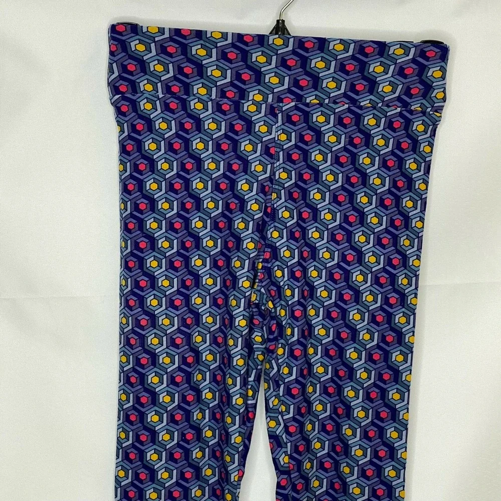 LuLaRoe Tween Kids Geometric Hexagon Leggings Blue Yellow Pink  Mod Slim Fit